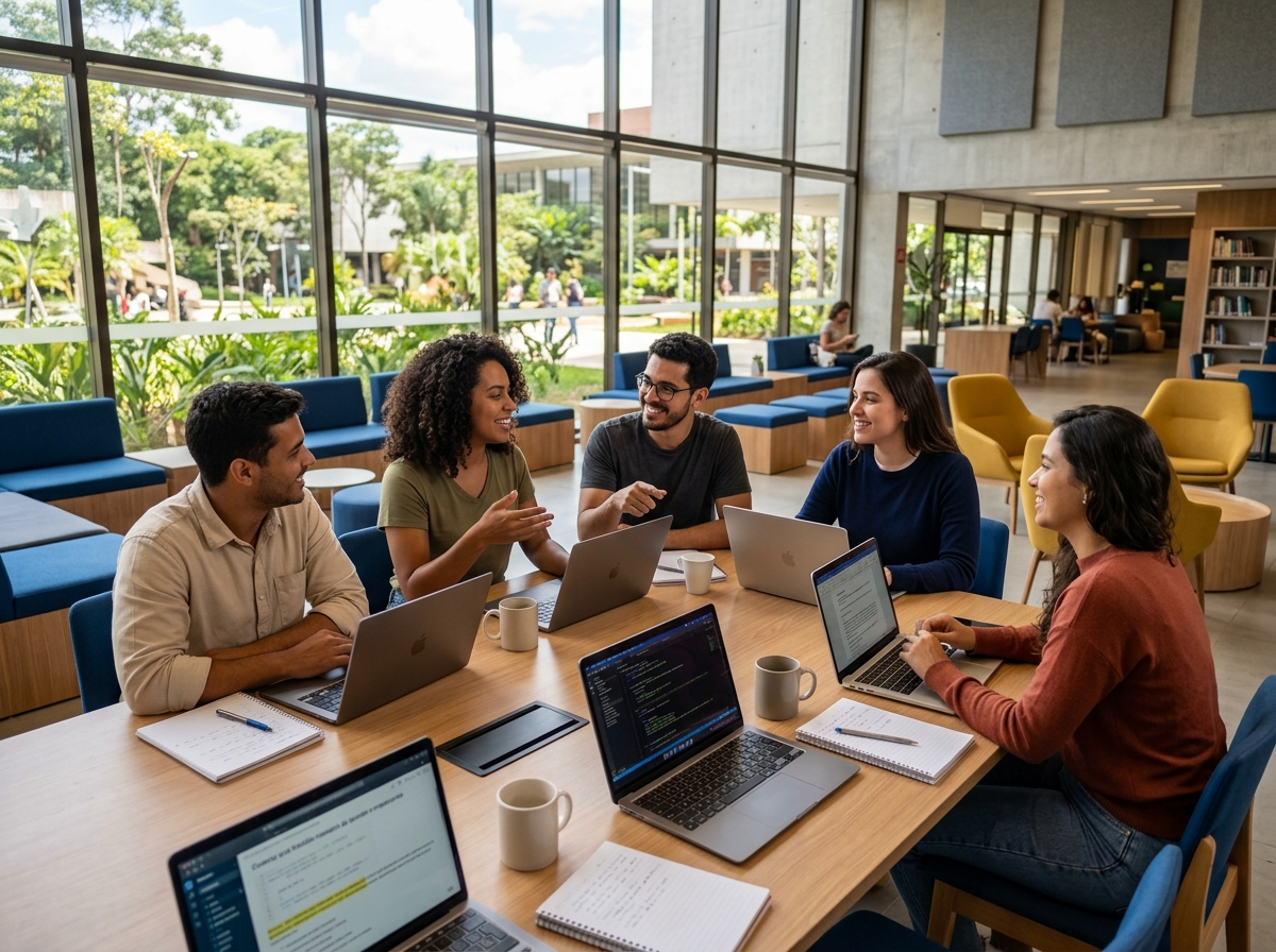 Alunos em ambiente colaborativo e laboratório da UNIP